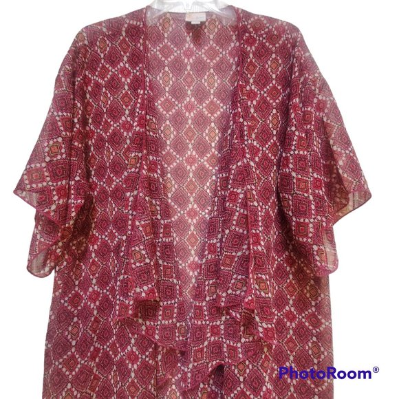 LuLaRoe Monroe Kimono Pink Multi-Color Chiffon Geometric Ivory Fringe Large - Picture 4 of 8